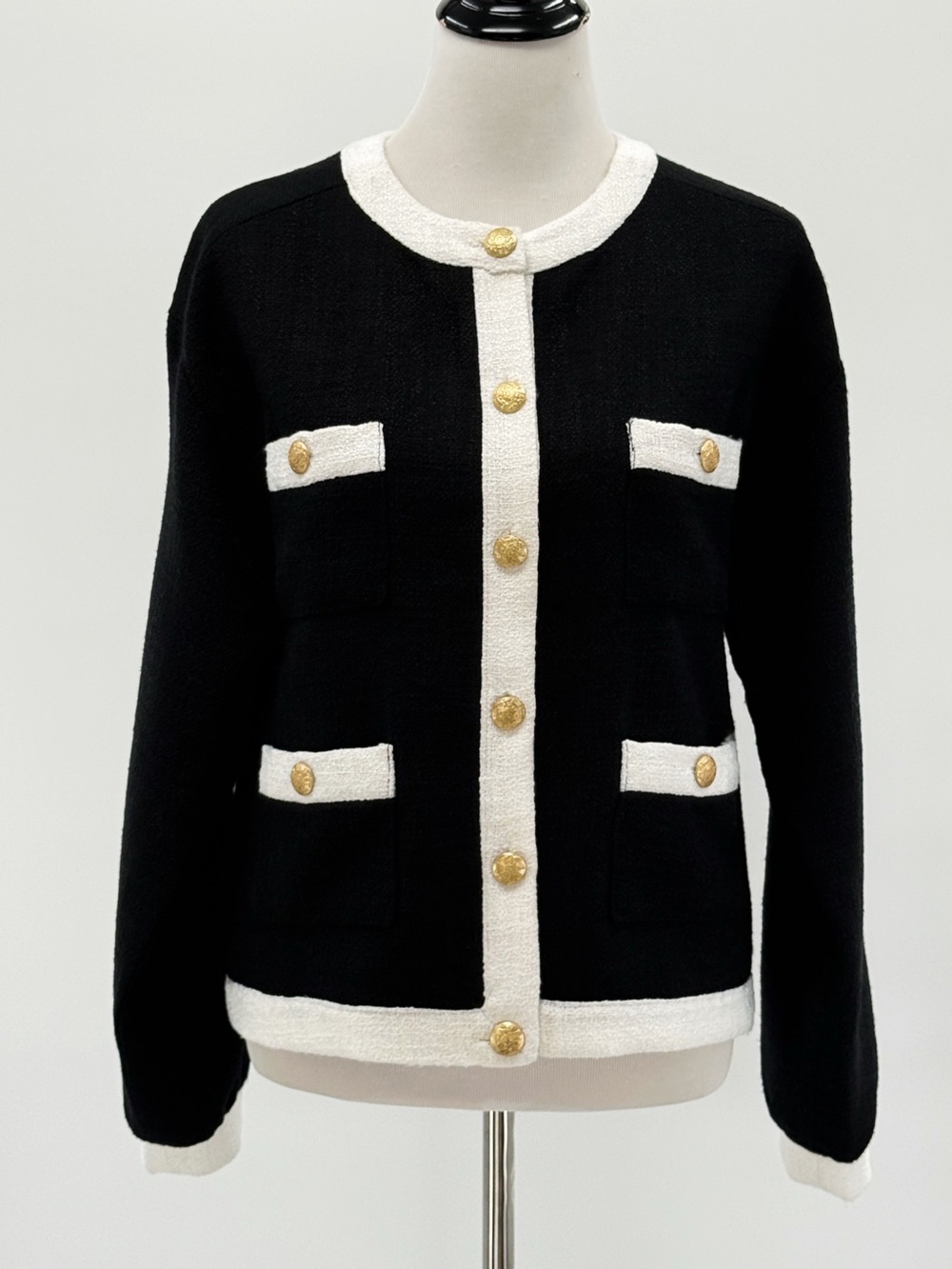 Anthropologie Black White Bouclé Knit Cardigan Gold Crest Buttons Medium